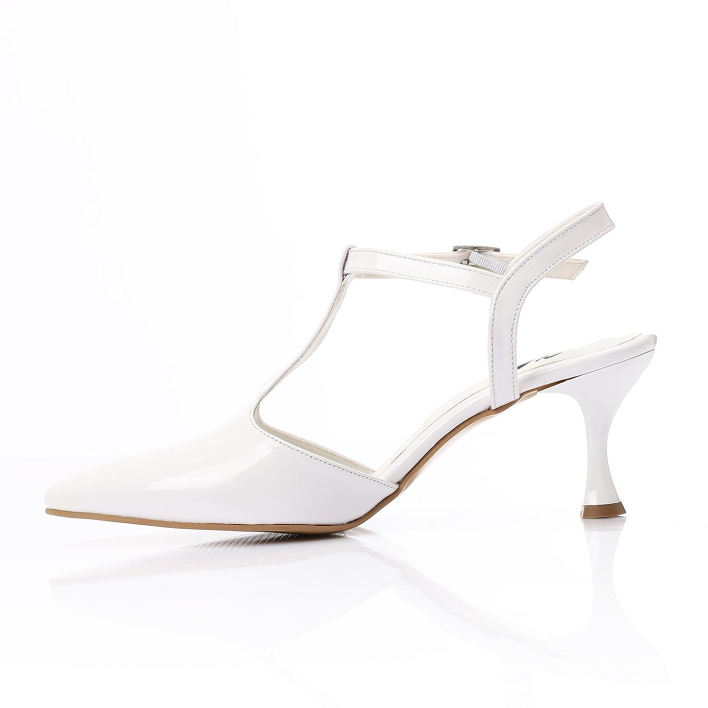 Faux Leather T-Strap Heeled Shoe – White