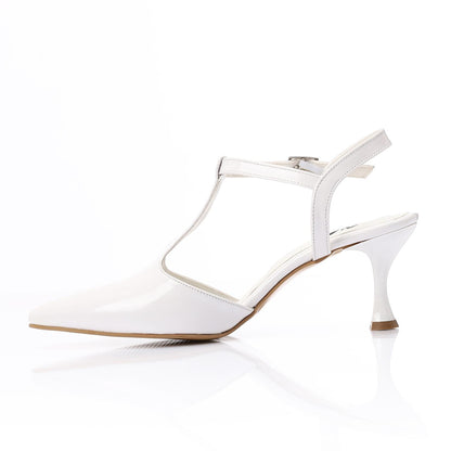 Faux Leather T-Strap Heeled Shoe – White