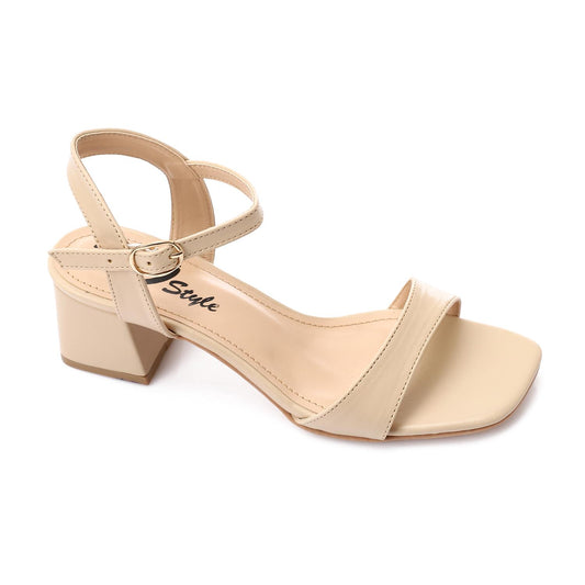 Faux Leather Block Heel Sandals - Beige