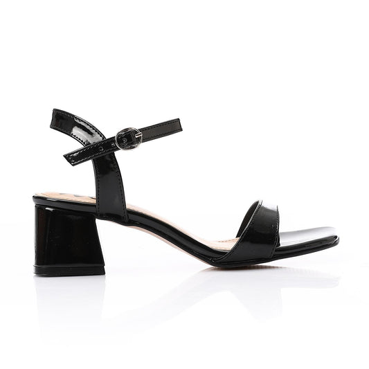 Faux Leather Block Heel Sandals - Black