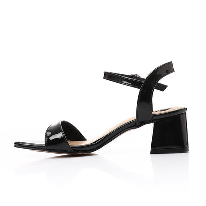 Faux Leather Block Heel Sandals - Black