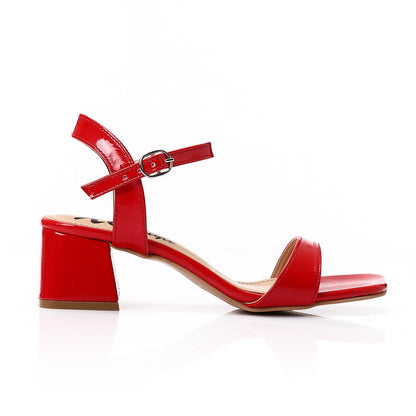 Faux Leather Block Heel Sandals - Red