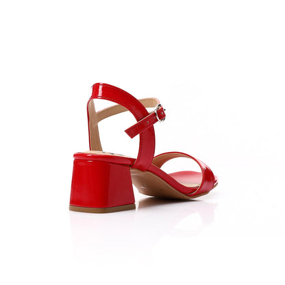 Faux Leather Block Heel Sandals - Red