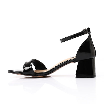 Faux Leather Solid Block Heel Sandals – Black