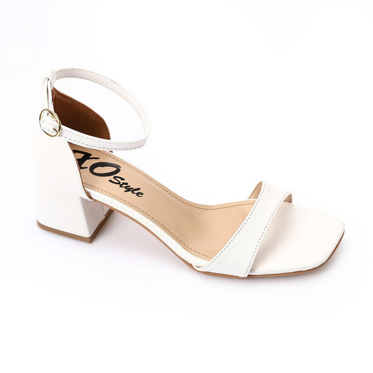 Faux Leather Solid Block Heel Sandals – White