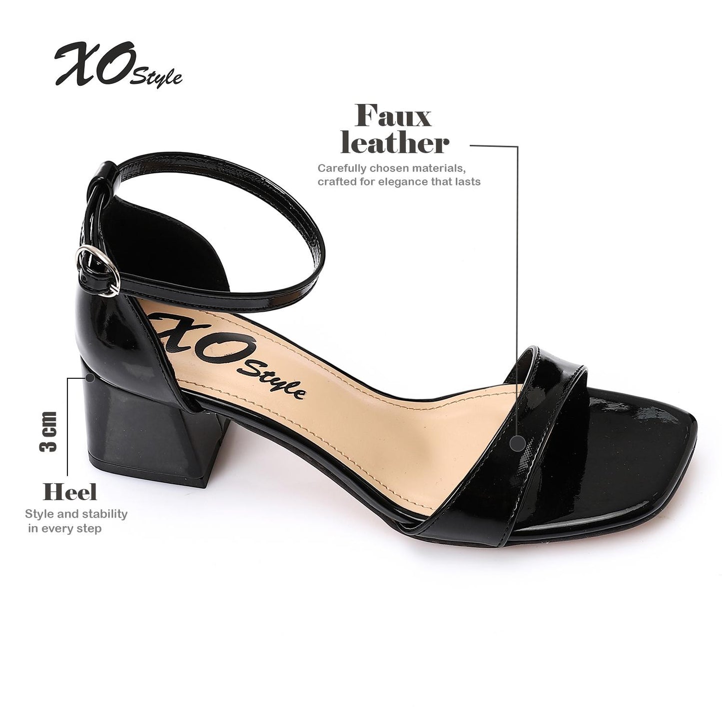 Faux Leather Solid Block Heel Sandals – Black