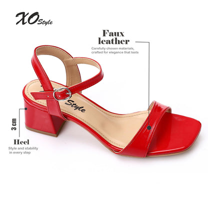 Faux Leather Block Heel Sandals - Red