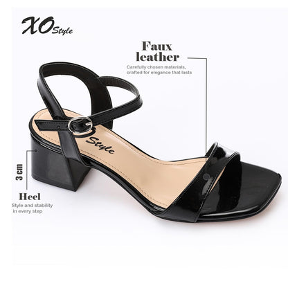 Faux Leather Block Heel Sandals - Black