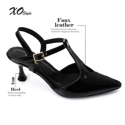 Faux Leather T-Strap Heeled Shoe – Black