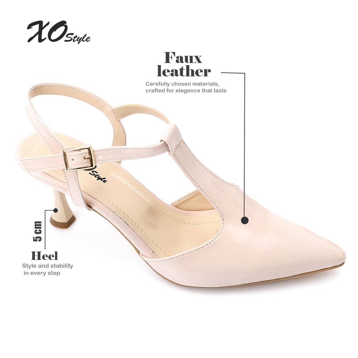 Faux Leather T-Strap Heeled Shoe – Beige