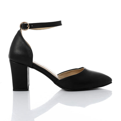 Faux Leather Ankle-Strap Heels - Black