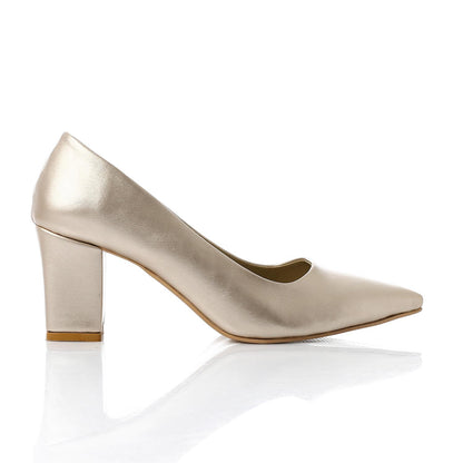 Faux Leather Solid Block Heel Pumps – Gold