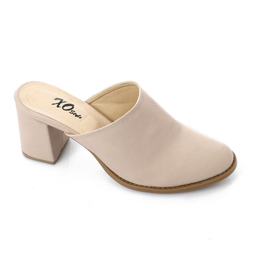 Faux Leather Solid Block Heel Mules – Beige