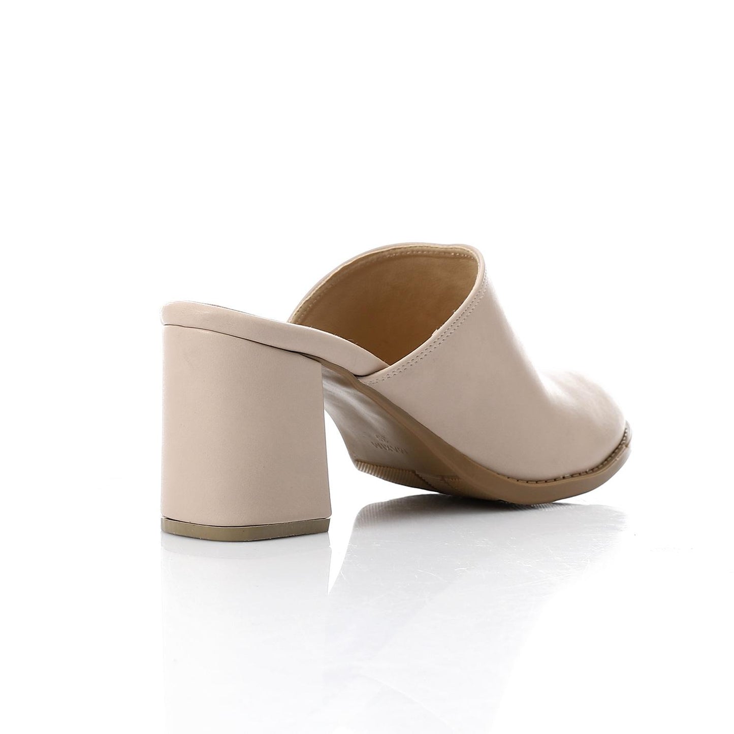 Faux Leather Solid Block Heel Mules – Beige