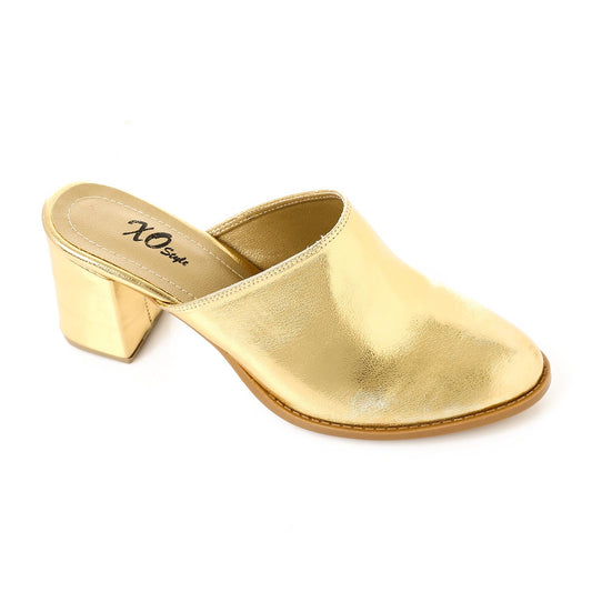 Faux Leather Solid Block Heel Mules – Gold