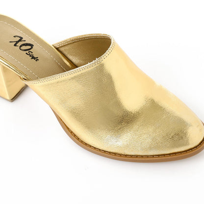 Faux Leather Solid Block Heel Mules – Gold