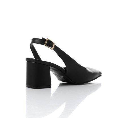 Faux Leather Solid Block Heel Slingback Pumps - Black