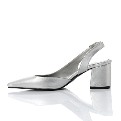 Faux Leather Solid Block Heel Slingback Pumps - Silver