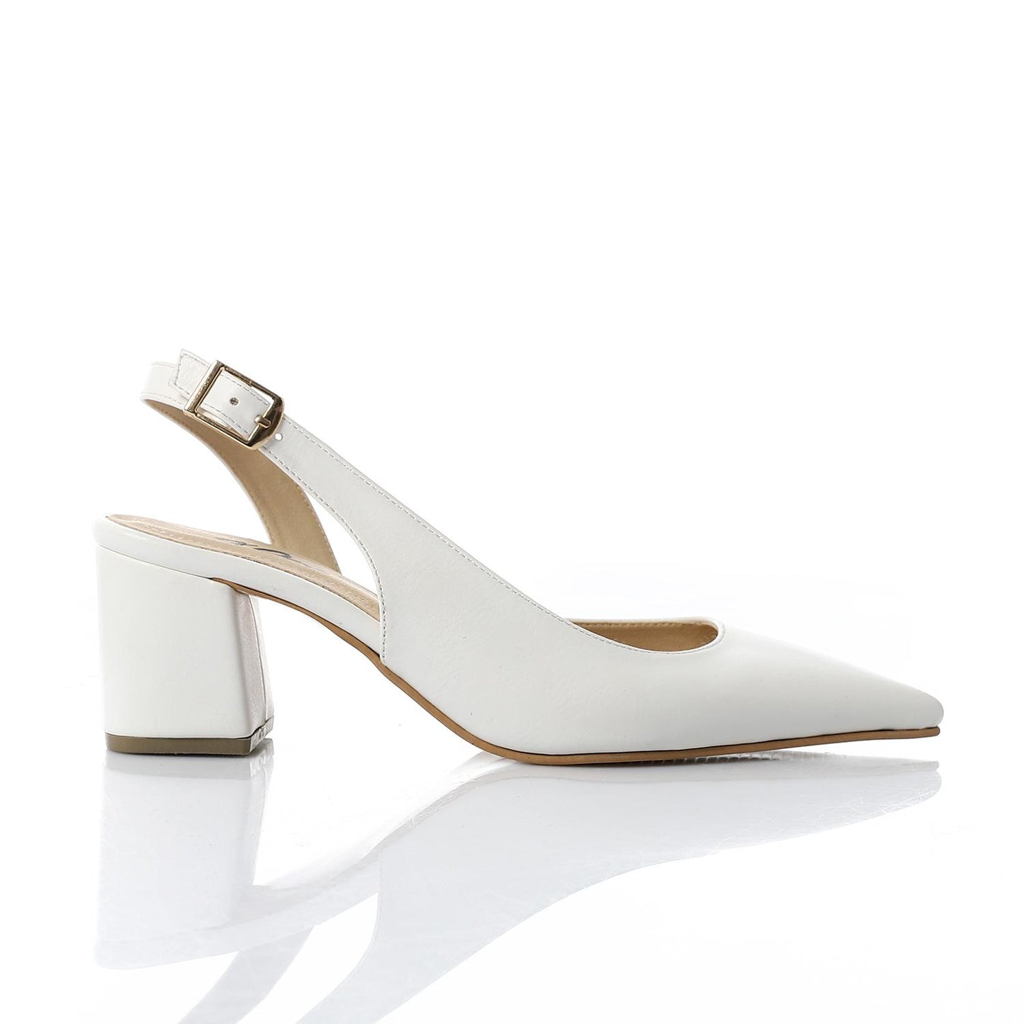Faux Leather Solid Block Heel Slingback Pumps - White