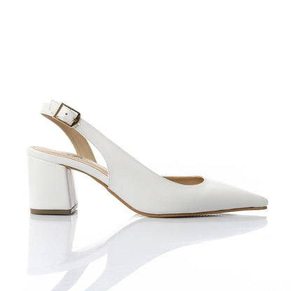 Faux Leather Solid Block Heel Slingback Pumps - White