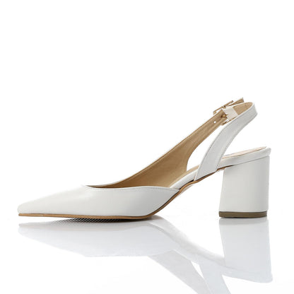 Faux Leather Solid Block Heel Slingback Pumps - White