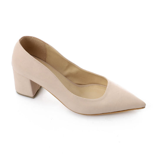 Faux Leather Solid Block Heel Pumps – Beige