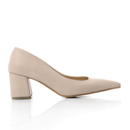 Faux Leather Solid Block Heel Pumps – Beige