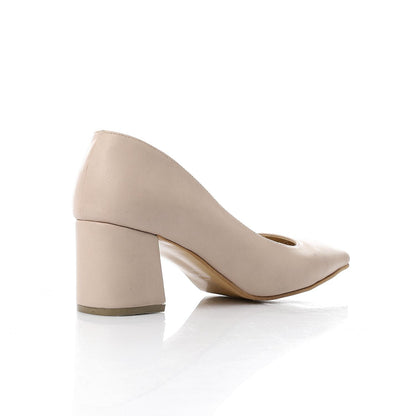 Faux Leather Solid Block Heel Pumps – Beige