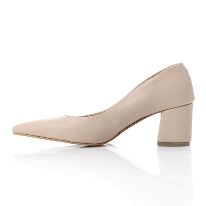Faux Leather Solid Block Heel Pumps – Beige