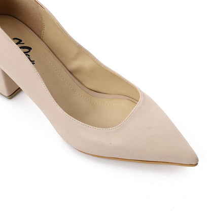 Faux Leather Solid Block Heel Pumps – Beige