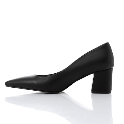 Faux Leather Solid Block Heel Pumps – Black