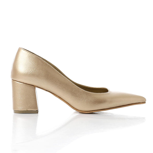 Faux Leather Solid Block Heel Pumps – Gold