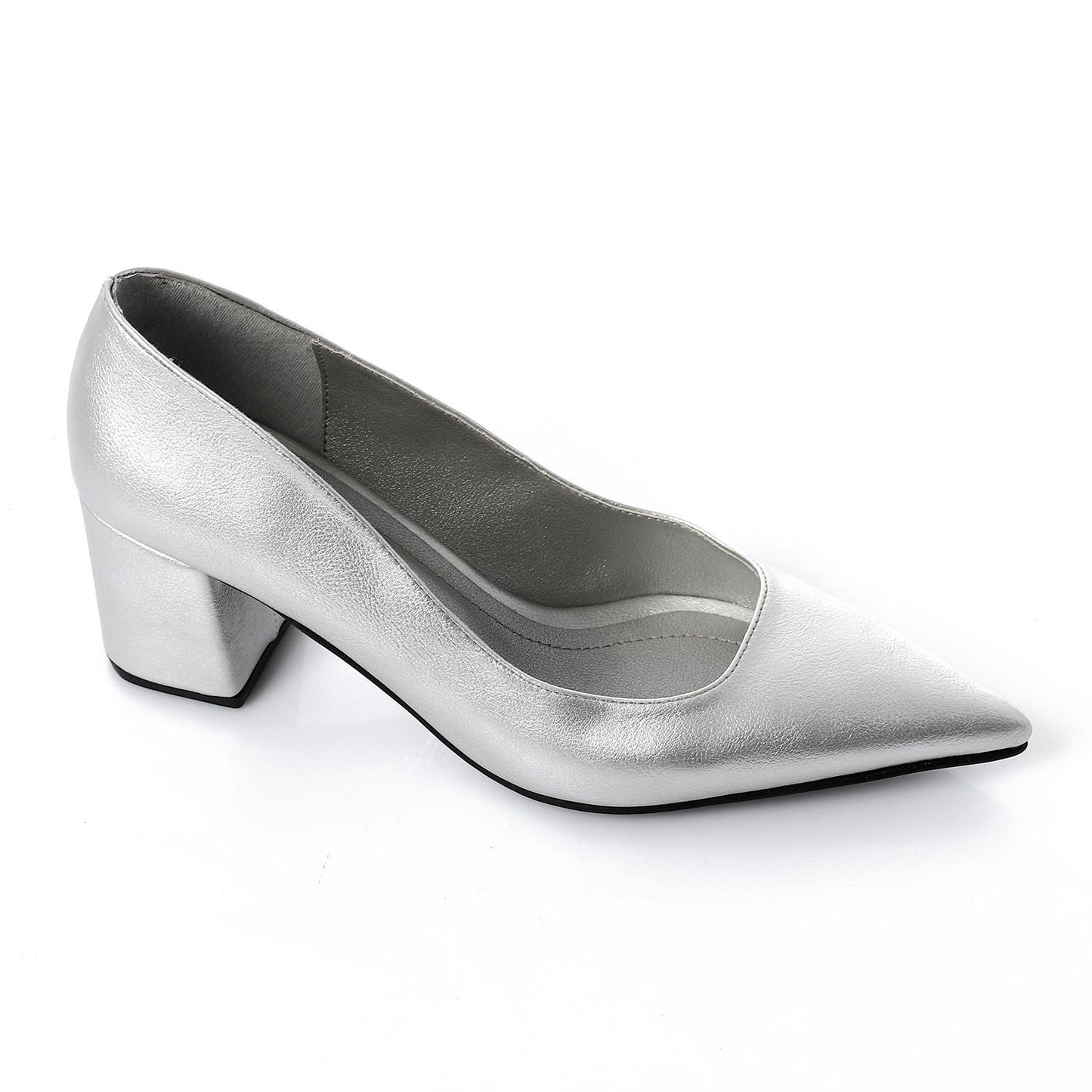 Faux Leather Solid Block Heel Pumps – Silver