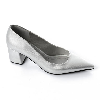 Faux Leather Solid Block Heel Pumps – Silver