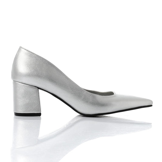 Faux Leather Solid Block Heel Pumps – Silver