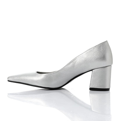 Faux Leather Solid Block Heel Pumps – Silver