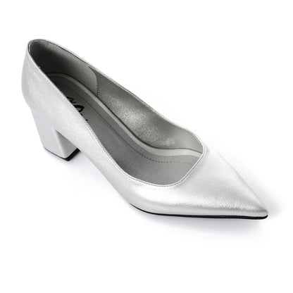 Faux Leather Solid Block Heel Pumps – Silver