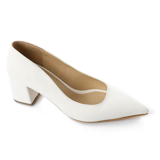 Faux Leather Solid Block Heel Pumps – White