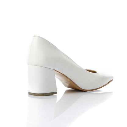 Faux Leather Solid Block Heel Pumps – White