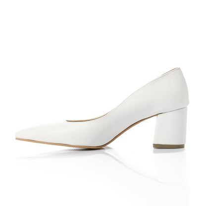 Faux Leather Solid Block Heel Pumps – White