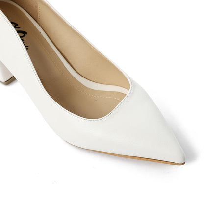 Faux Leather Solid Block Heel Pumps – White