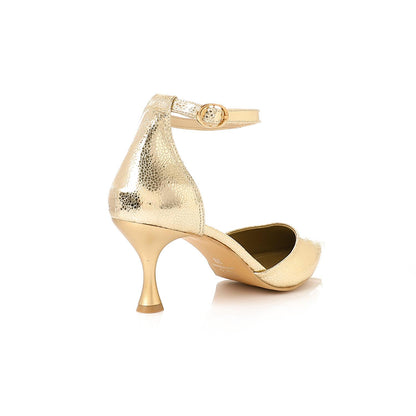 Faux Leather Textured Kitten Heel Shoes – Gold