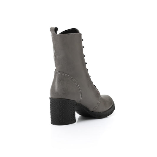 Leather Solid Lace-Up Ankle Boots – Grey