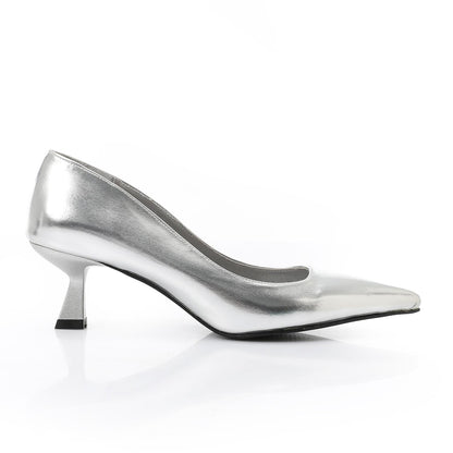 Leather Solid Pointed-Toe Pumps – Silver