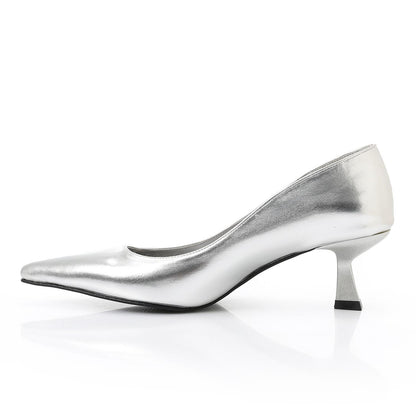 Leather Solid Pointed-Toe Pumps – Silver