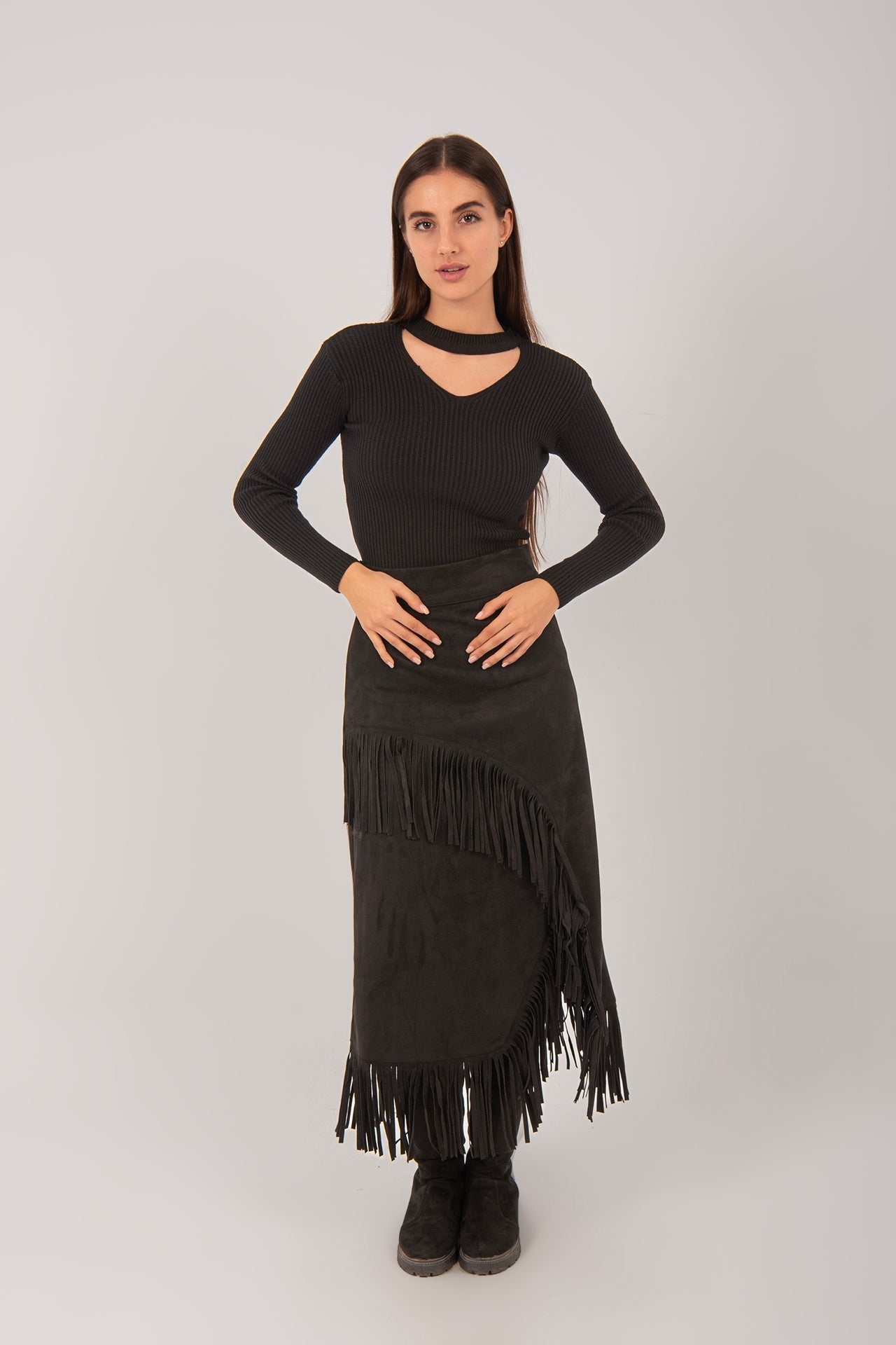Suede Fringe Midi Skirt