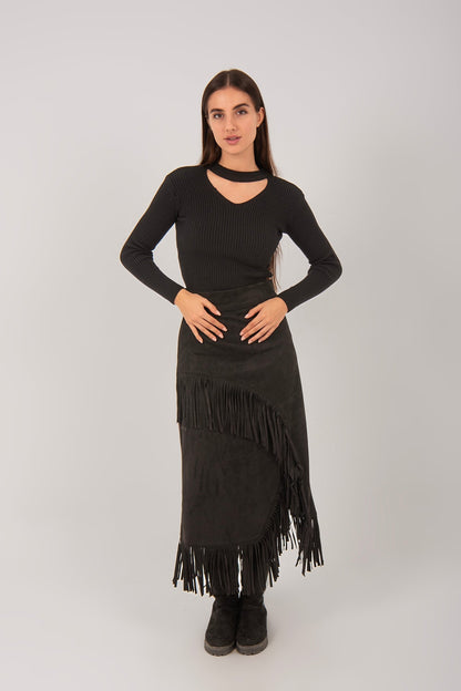 Suede Fringe Midi Skirt