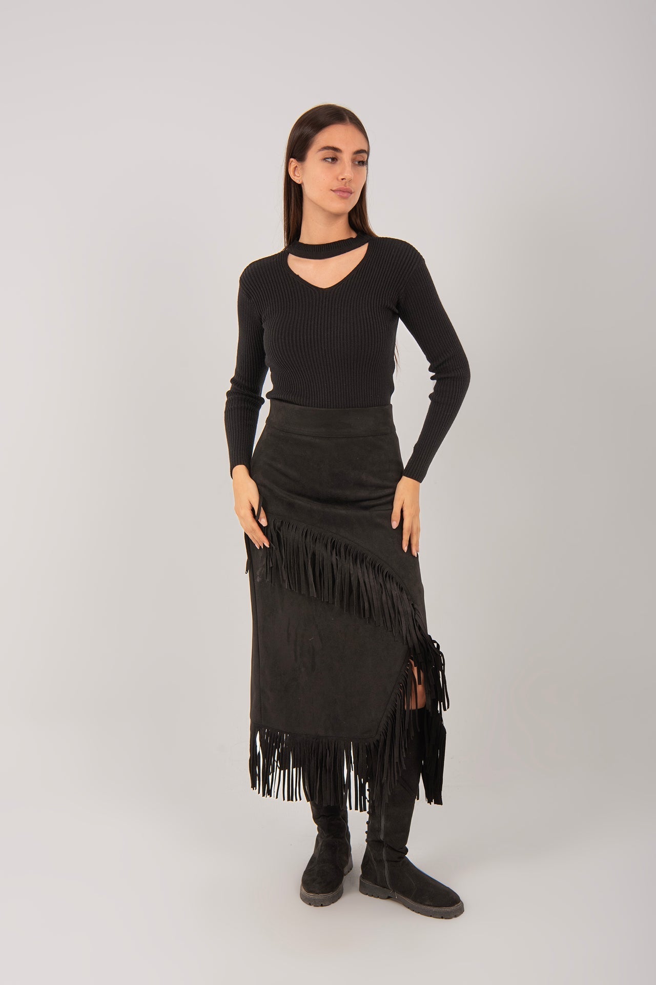 Suede Fringe Midi Skirt