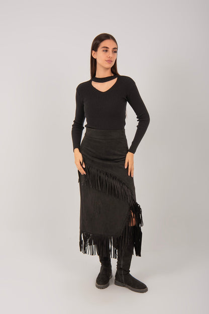 Suede Fringe Midi Skirt
