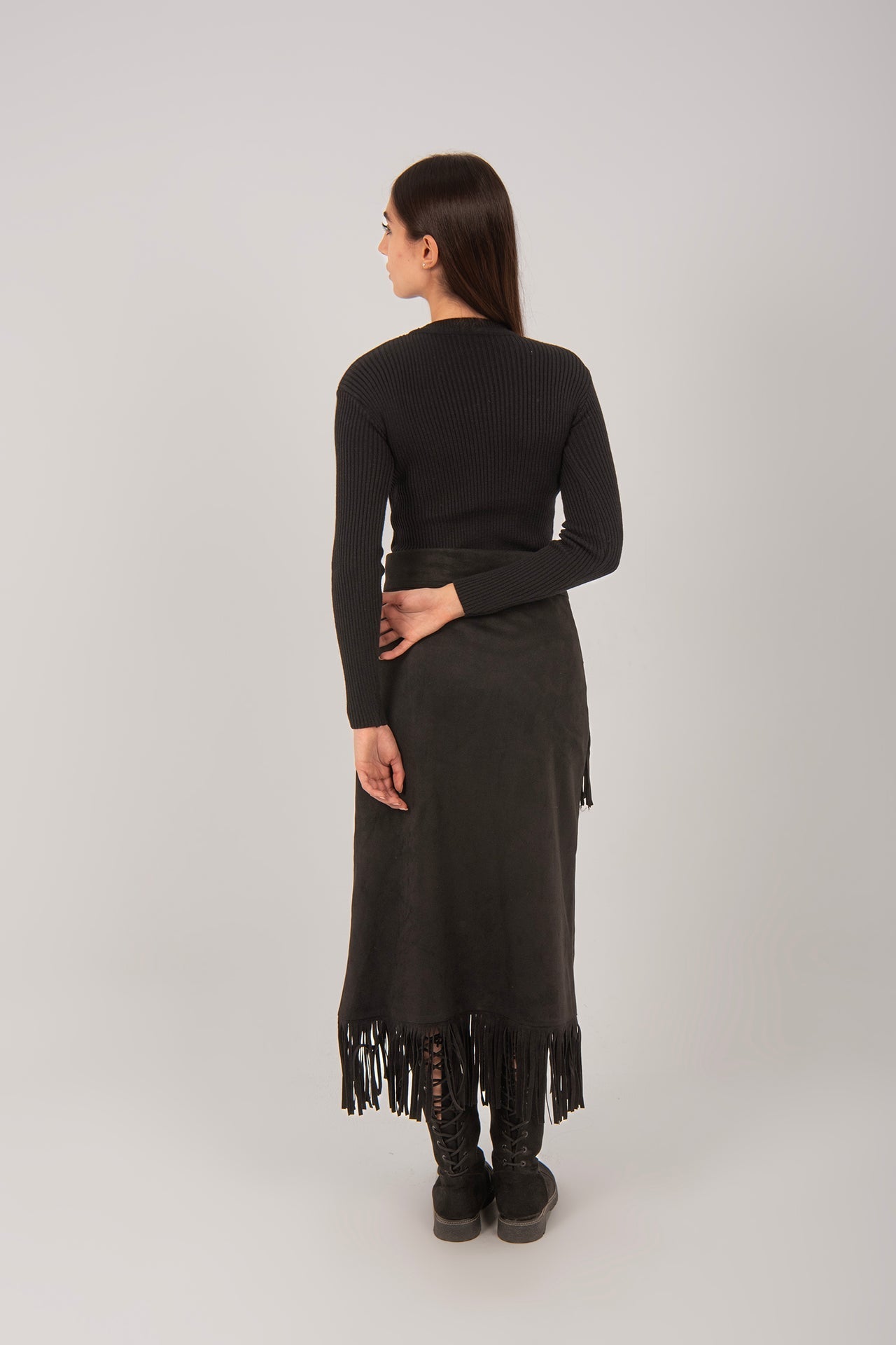 Suede Fringe Midi Skirt